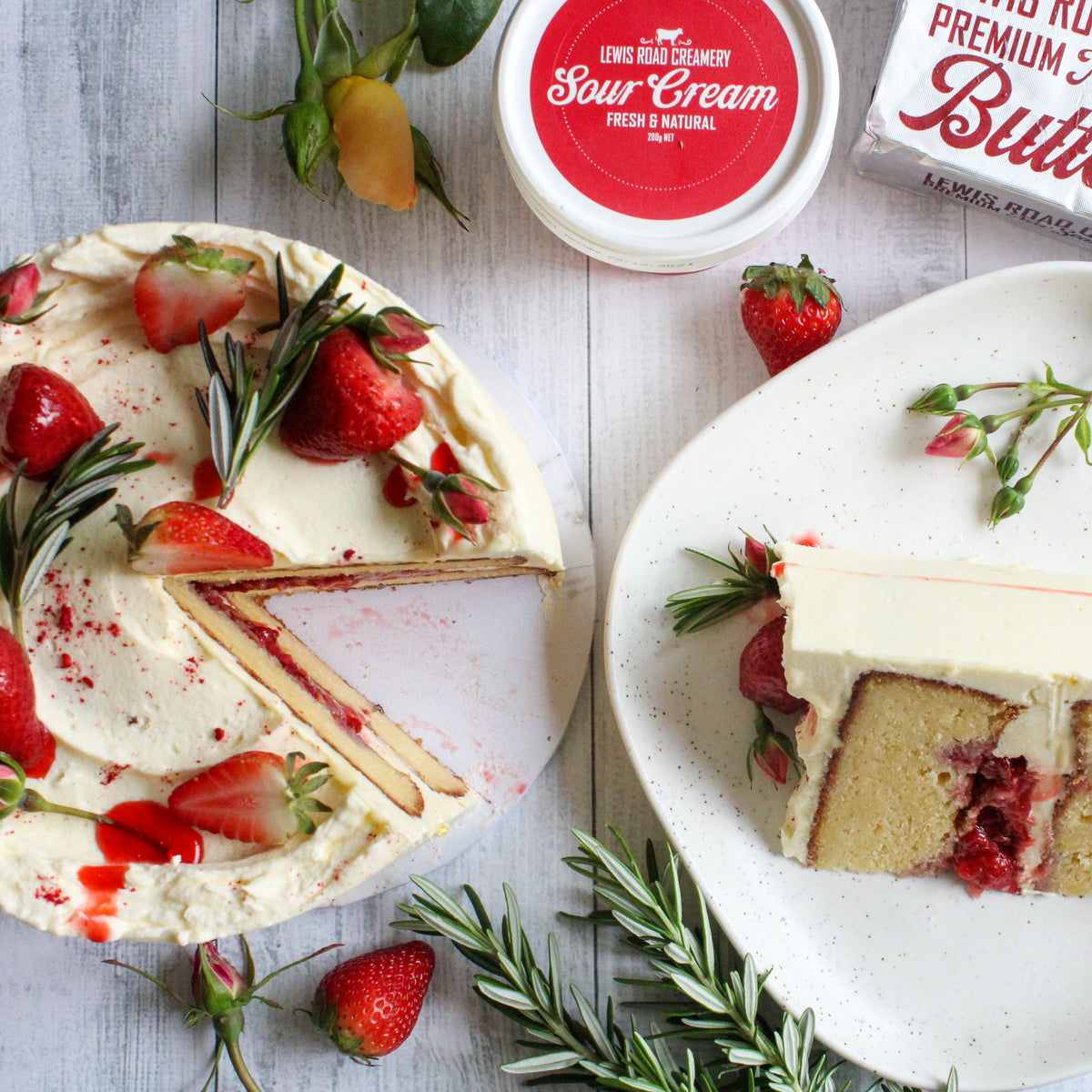 Lemon Cake with Juniper Berry and Rosemary Roasted Strawberries – Lewis Road Creamery NZ