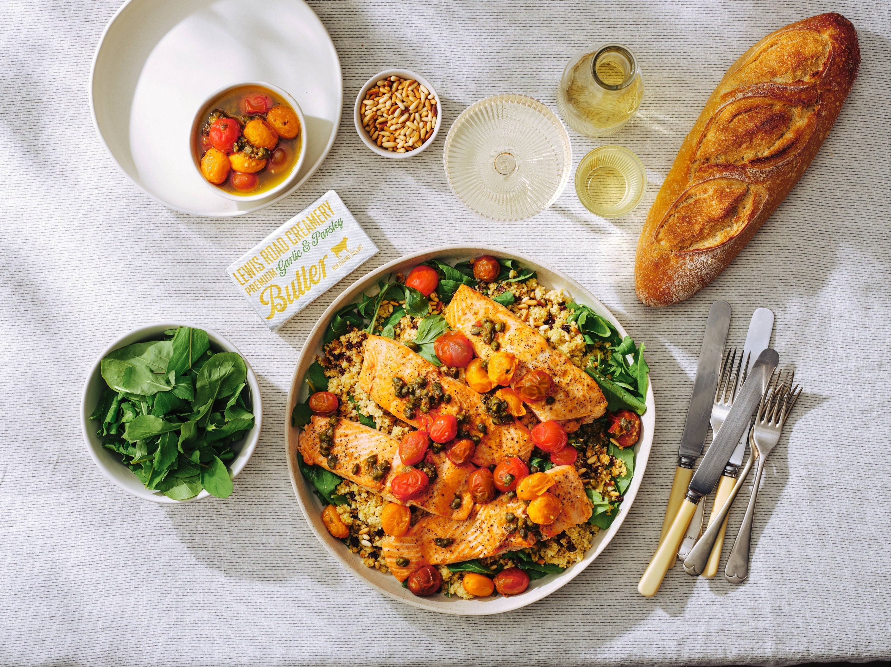 Garlic & Parsley Butter Seared Salmon with Blistered Tomatoes and Couscous
