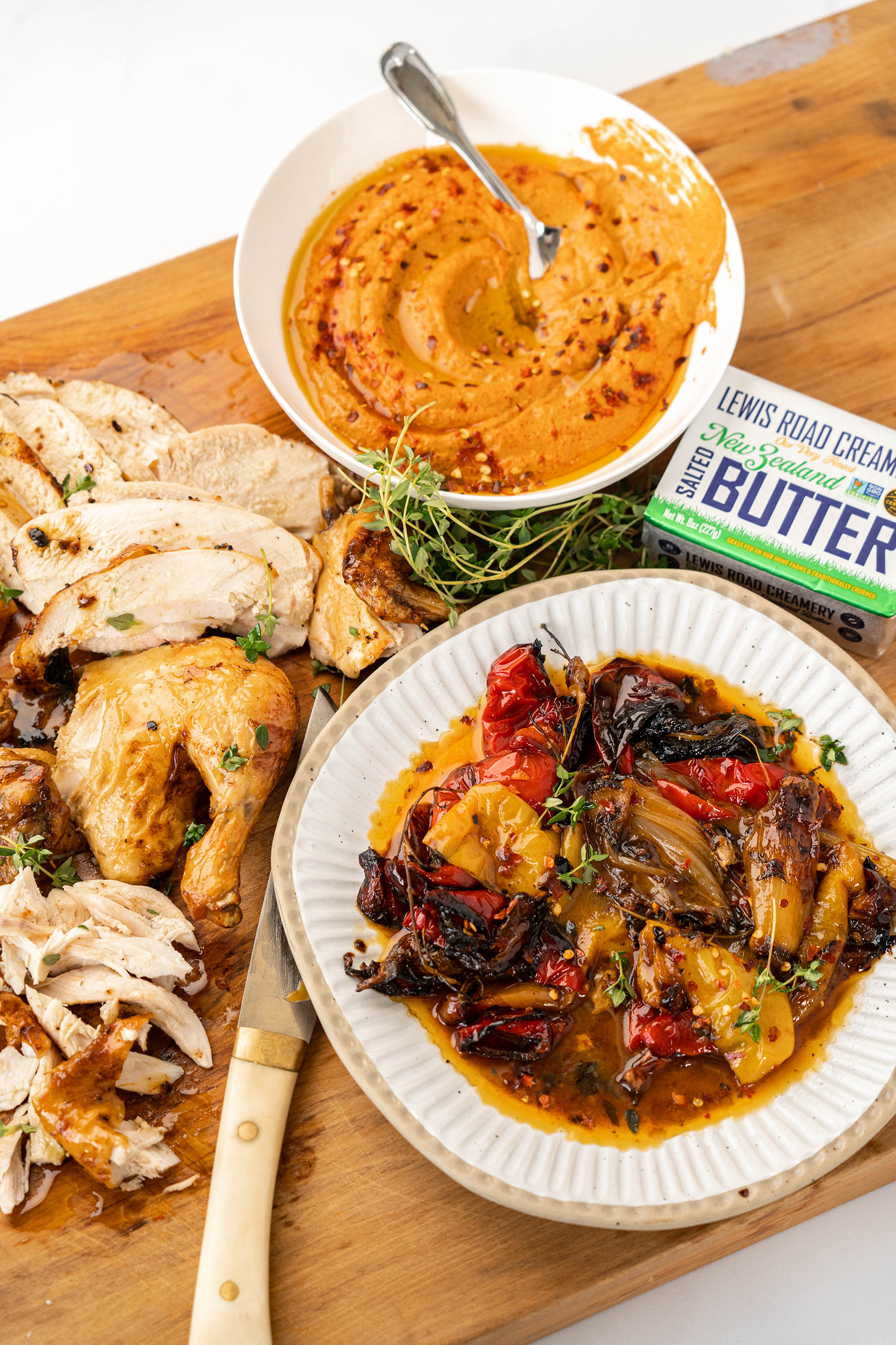 Juicy Butter Roast Chicken with Romesco & Jammy Bell Peppers