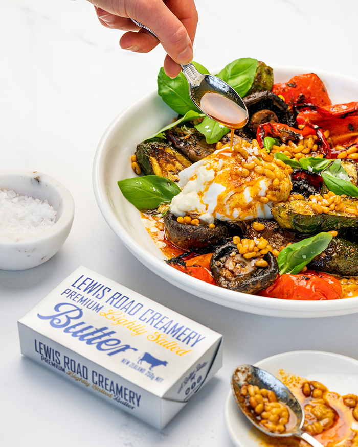 Smoky Brown Butter Grilled Vegetables with Burrata & Pine Nuts
