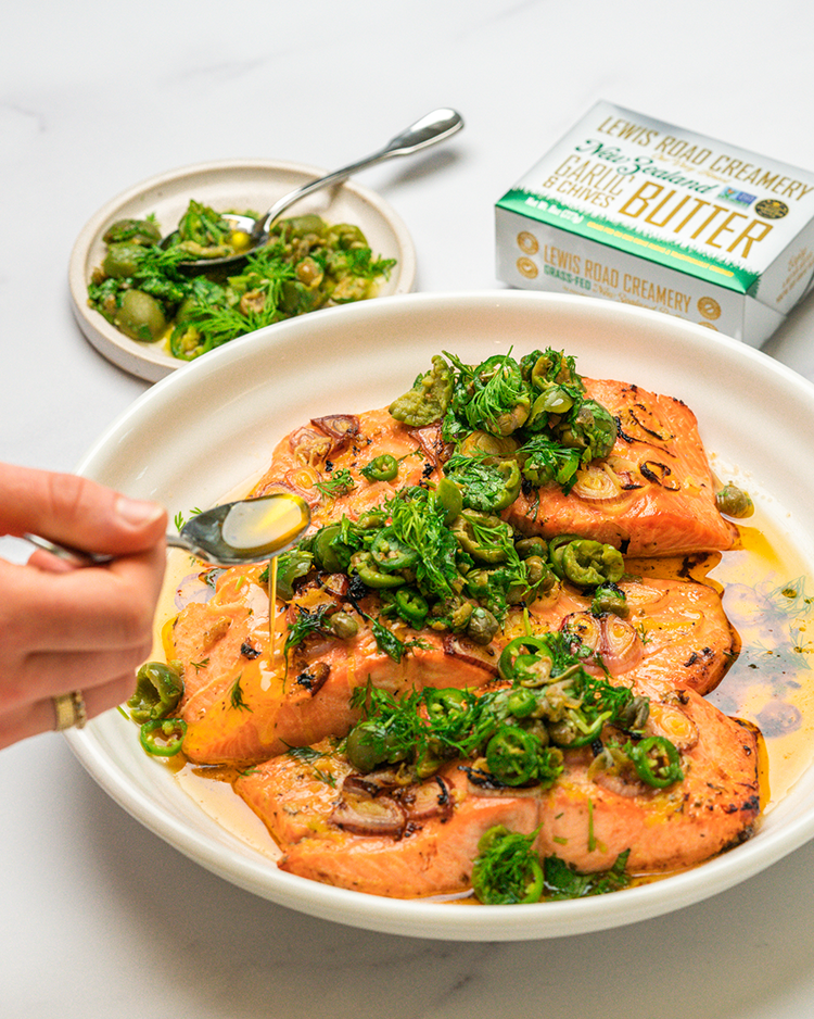 Citrus Garlic Butter Roasted Salmon   With Dill Caper Salsa