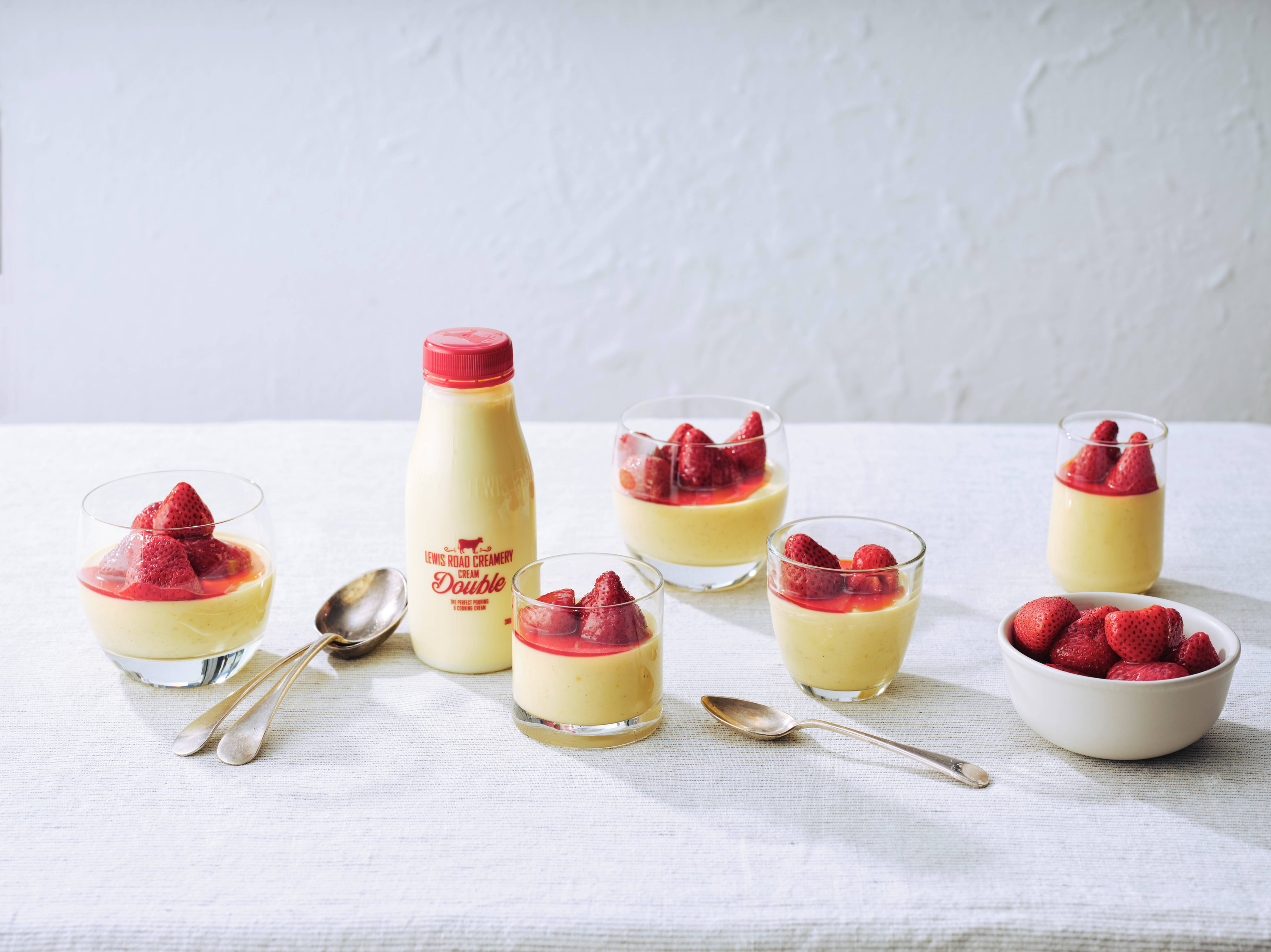 White Chocolate and Miso Panna Cotta with Roasted Strawberries
