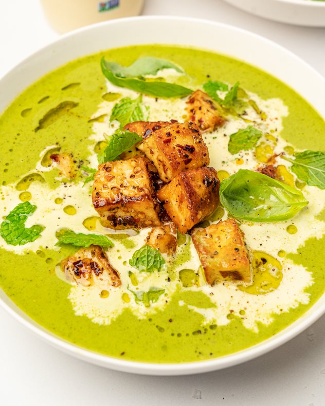 Lemony Winter Greens & Fennel Soup with Halloumi Croutons